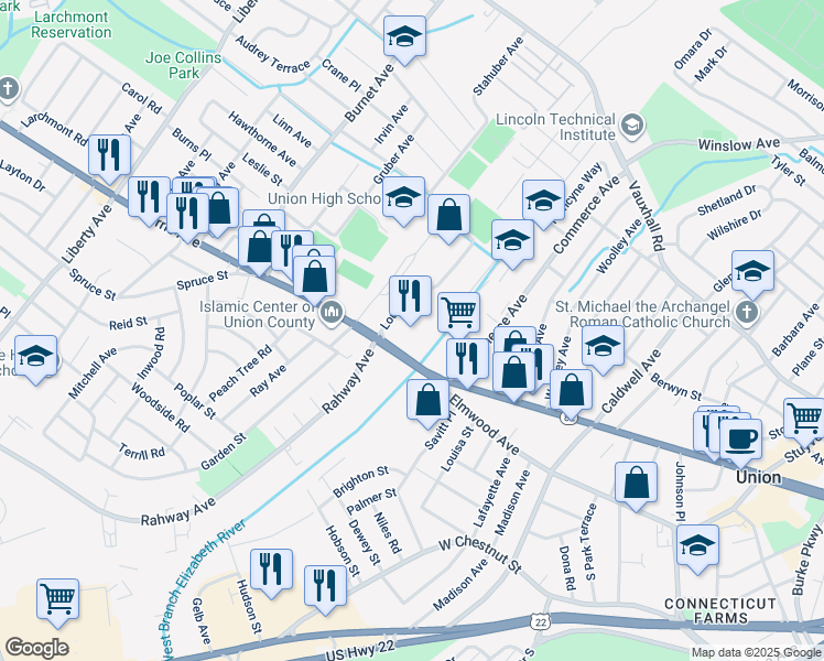map of restaurants, bars, coffee shops, grocery stores, and more near 1061 Lousons Road in Union