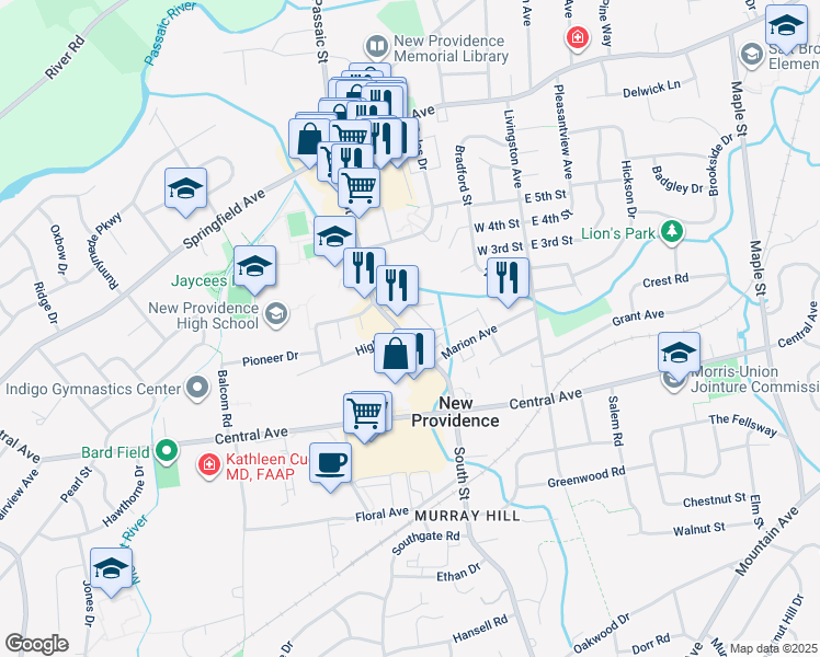 map of restaurants, bars, coffee shops, grocery stores, and more near 7 Douglas Street in New Providence