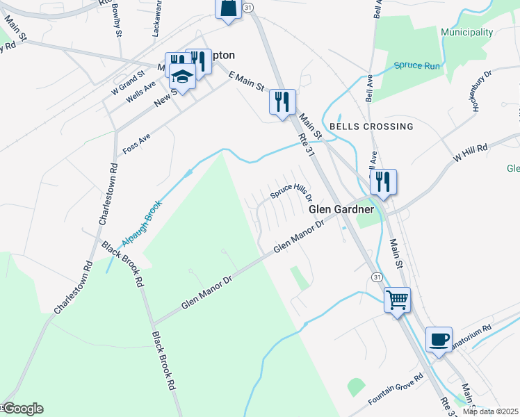 map of restaurants, bars, coffee shops, grocery stores, and more near 1804 Spruce Hills Drive in Glen Gardner