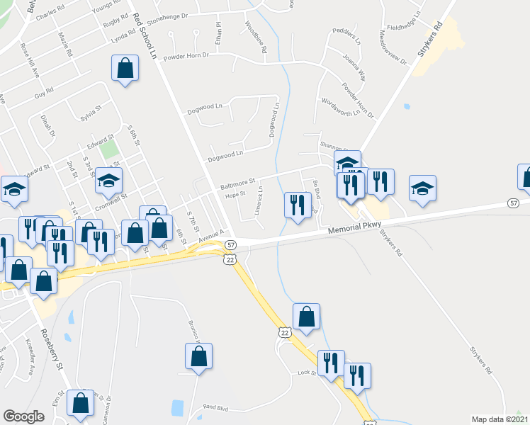 map of restaurants, bars, coffee shops, grocery stores, and more near 91 Limerick Lane in Phillipsburg