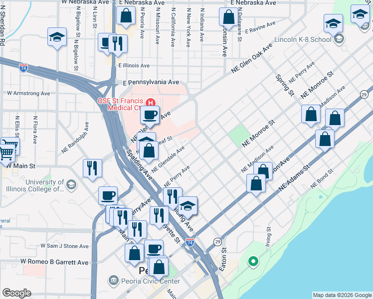 map of restaurants, bars, coffee shops, grocery stores, and more near 618 Northeast Glendale Avenue in Peoria