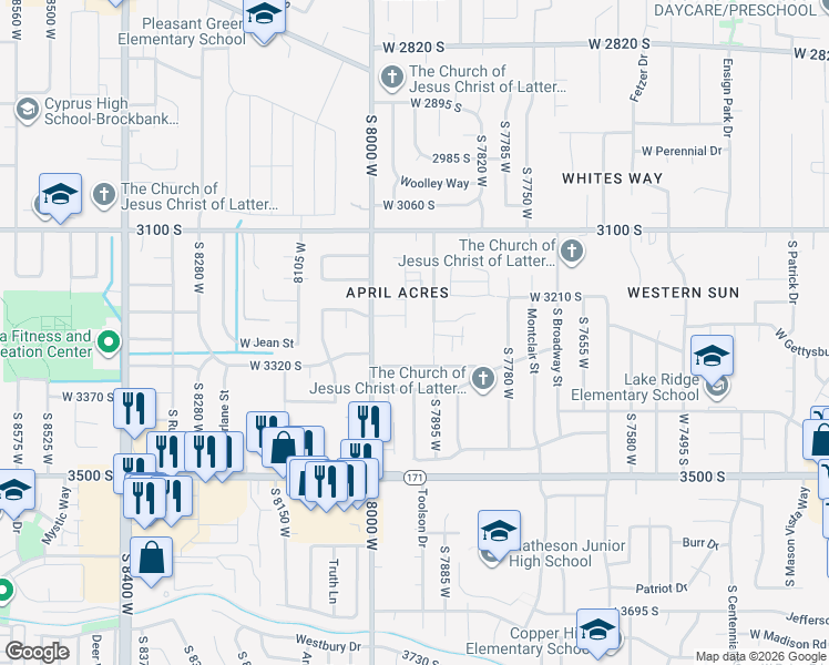 map of restaurants, bars, coffee shops, grocery stores, and more near 3267 South Elmer Street in Magna