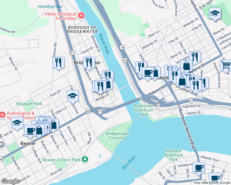 map of restaurants, bars, coffee shops, grocery stores, and more near 11 Bridge Street in Beaver