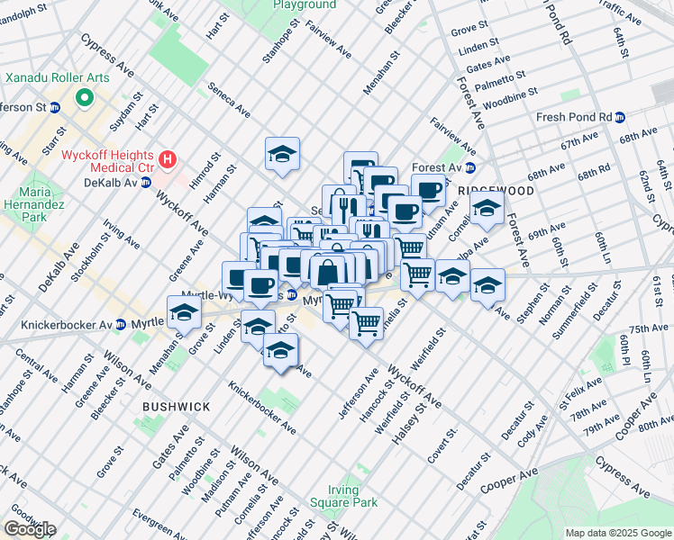map of restaurants, bars, coffee shops, grocery stores, and more near 1645 Palmetto Street in Queens