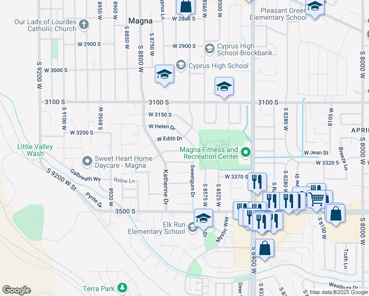 map of restaurants, bars, coffee shops, grocery stores, and more near 8646 Florence Drive in Magna