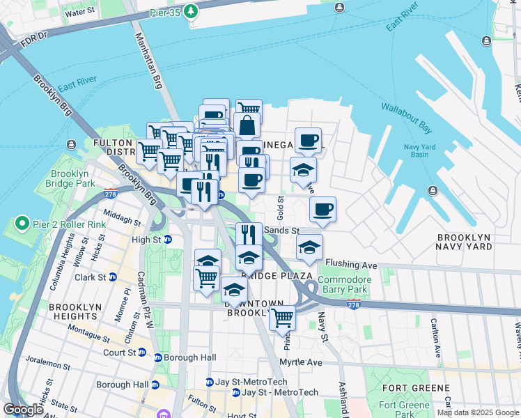 map of restaurants, bars, coffee shops, grocery stores, and more near 111 Bridge Street in Brooklyn