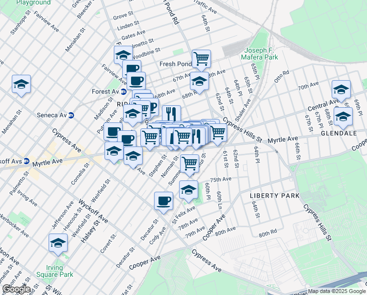 map of restaurants, bars, coffee shops, grocery stores, and more near 60-13 Myrtle Avenue in Queens