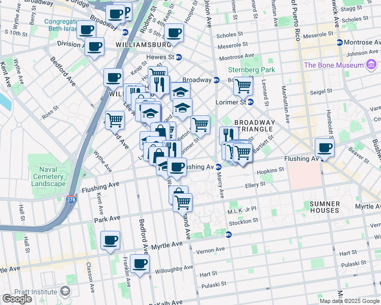 map of restaurants, bars, coffee shops, grocery stores, and more near 35 Lorimer Street in Brooklyn