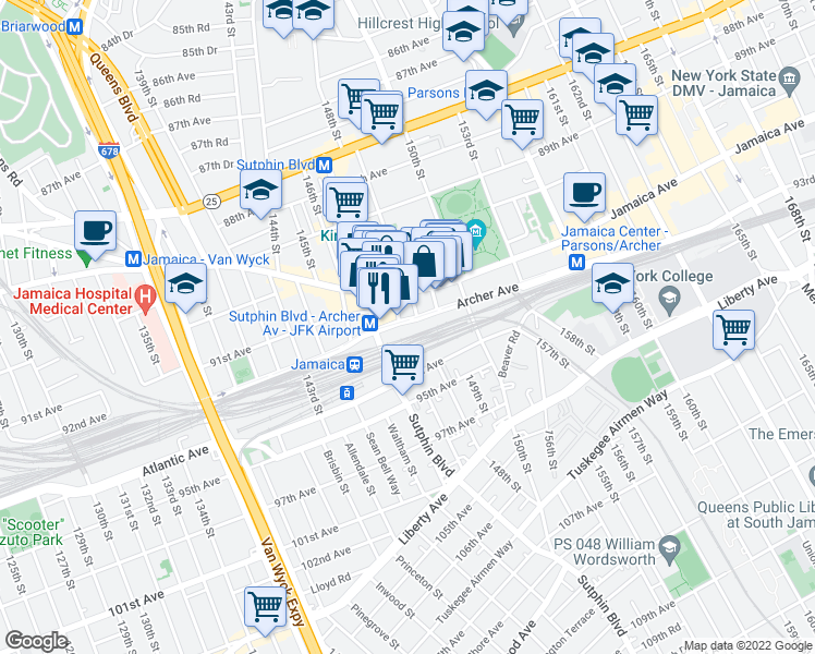map of restaurants, bars, coffee shops, grocery stores, and more near 148-5 Archer Avenue in Queens
