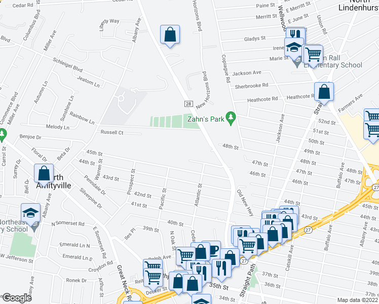 map of restaurants, bars, coffee shops, grocery stores, and more near Cassata Drive in Copiague