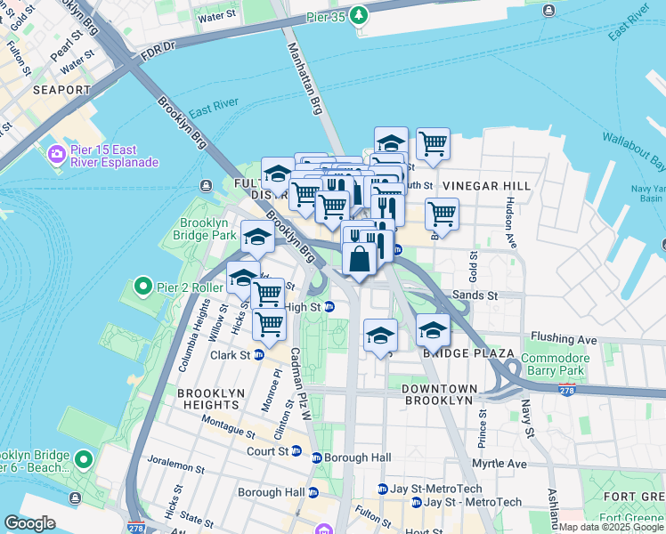 map of restaurants, bars, coffee shops, grocery stores, and more near 32 Prospect Street in Brooklyn