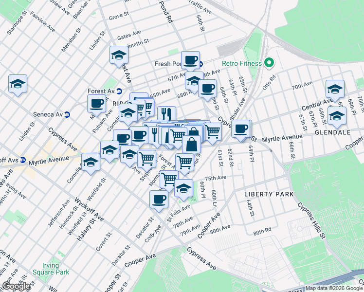map of restaurants, bars, coffee shops, grocery stores, and more near 60-21 Myrtle Avenue in Queens