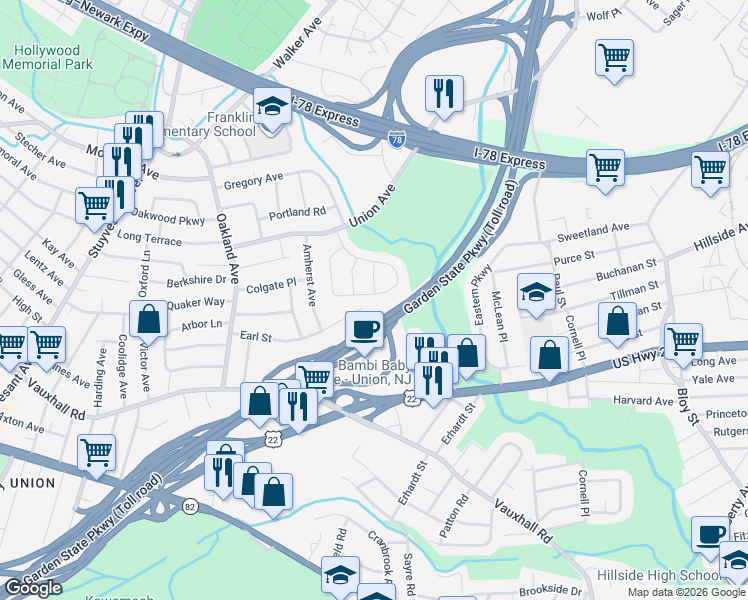 map of restaurants, bars, coffee shops, grocery stores, and more near 208 Parkside Drive in Union