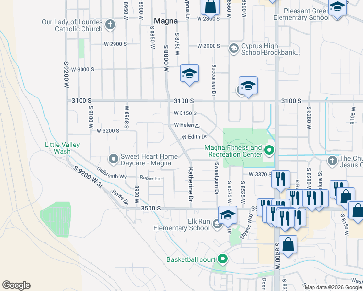 map of restaurants, bars, coffee shops, grocery stores, and more near 3267 South Katherine Drive in Magna