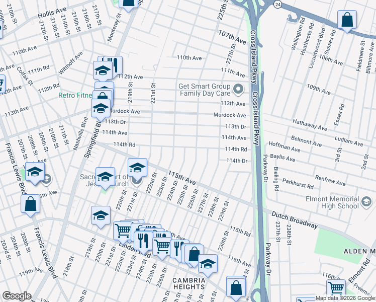 map of restaurants, bars, coffee shops, grocery stores, and more near 114-20 225th Street in Queens