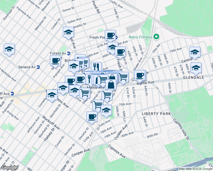 map of restaurants, bars, coffee shops, grocery stores, and more near 60-27 Myrtle Avenue in Queens