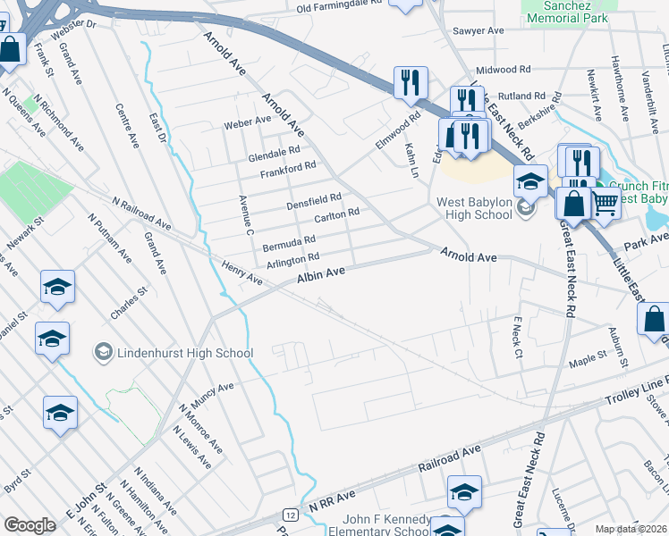 map of restaurants, bars, coffee shops, grocery stores, and more near 715 Albin Avenue in West Babylon