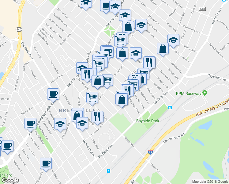 map of restaurants, bars, coffee shops, grocery stores, and more near 50 Stevens Avenue in Jersey City