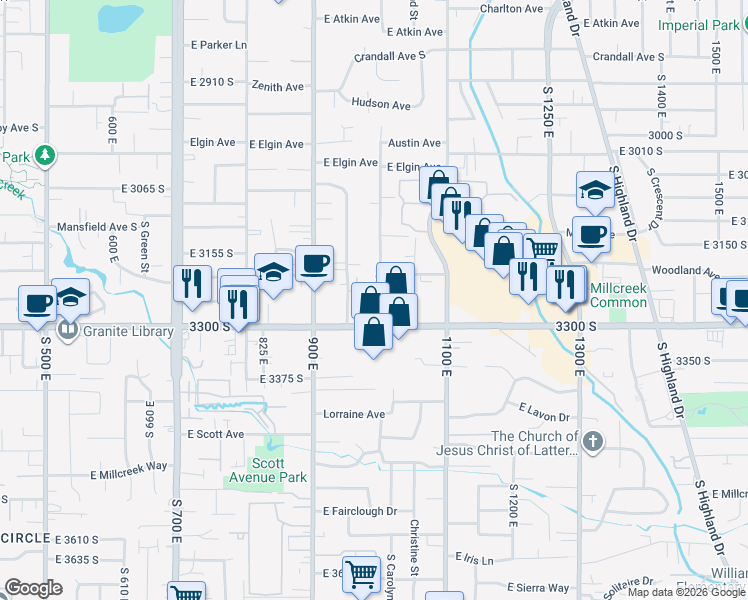 map of restaurants, bars, coffee shops, grocery stores, and more near 3244 South 1000 East in Millcreek