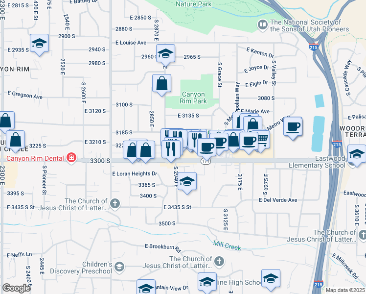 map of restaurants, bars, coffee shops, grocery stores, and more near 2961 3215 South in Salt Lake City