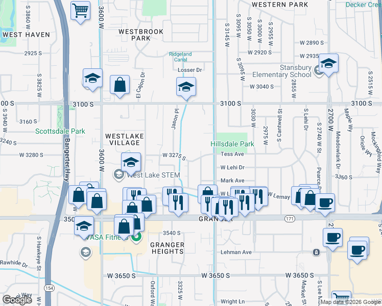 map of restaurants, bars, coffee shops, grocery stores, and more near 3298 Tess Avenue in West Valley City