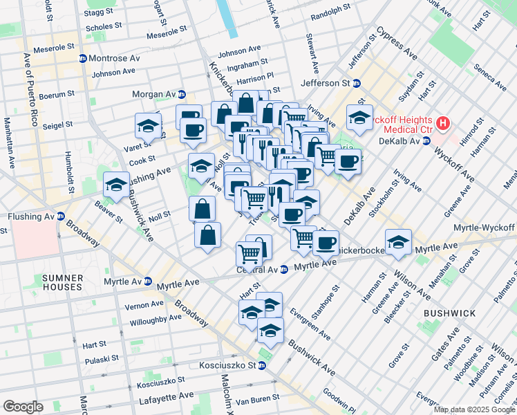 map of restaurants, bars, coffee shops, grocery stores, and more near 174 Jefferson Street in Brooklyn
