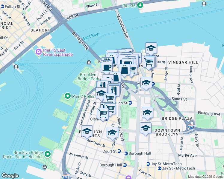 map of restaurants, bars, coffee shops, grocery stores, and more near 71 Poplar Street in Brooklyn