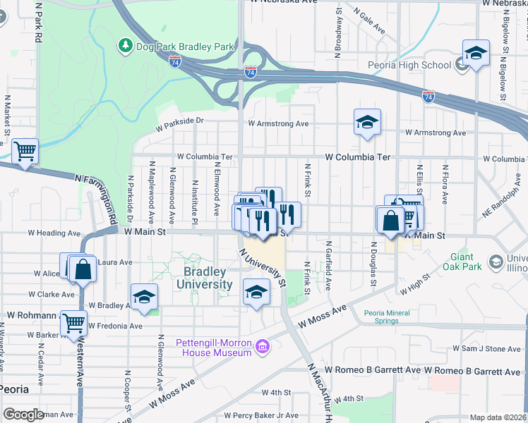 map of restaurants, bars, coffee shops, grocery stores, and more near 1023 North Underhill Street in Peoria
