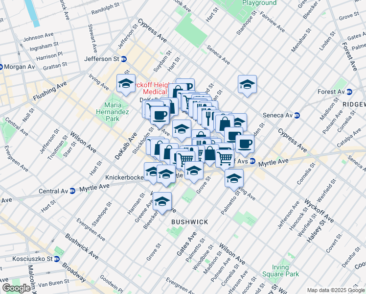 map of restaurants, bars, coffee shops, grocery stores, and more near 220 Irving Avenue in Brooklyn