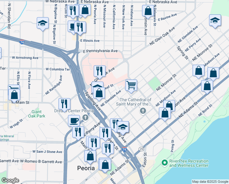 map of restaurants, bars, coffee shops, grocery stores, and more near 519 Northeast Glendale Avenue in Peoria