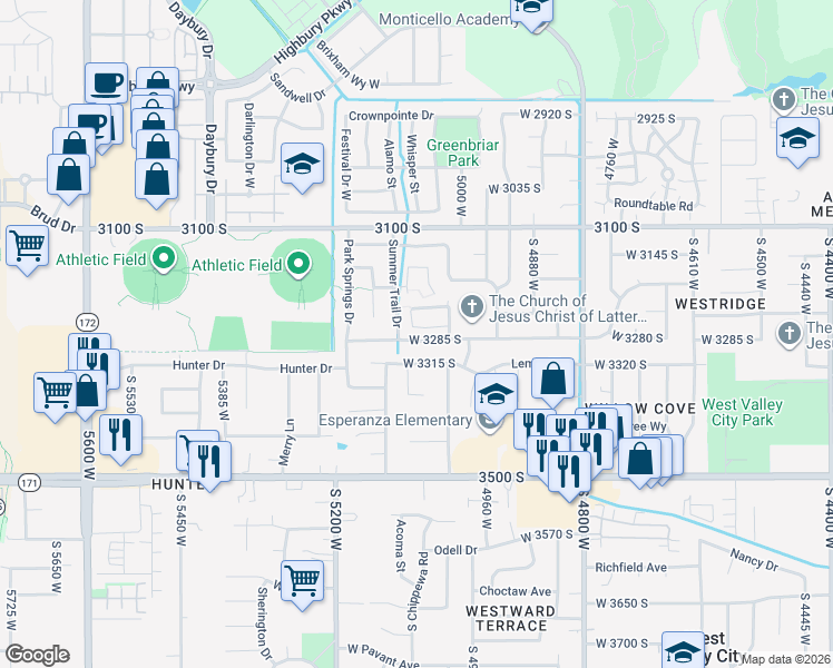 map of restaurants, bars, coffee shops, grocery stores, and more near 5067 West White Diamond Way in West Valley City