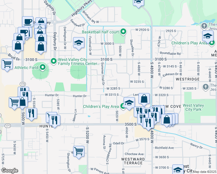 map of restaurants, bars, coffee shops, grocery stores, and more near 5067 West White Diamond Way in West Valley City