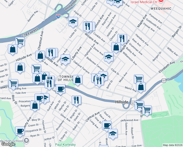 map of restaurants, bars, coffee shops, grocery stores, and more near 1438 Compton Terrace in Hillside