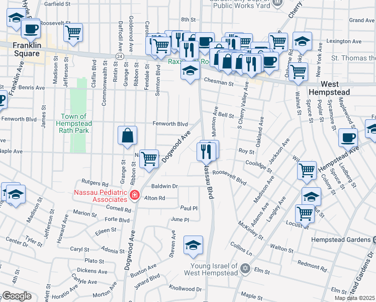 map of restaurants, bars, coffee shops, grocery stores, and more near 588 Roy Street in West Hempstead