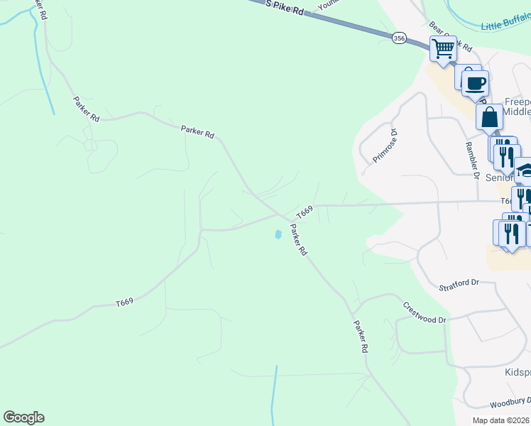 map of restaurants, bars, coffee shops, grocery stores, and more near 344 Parker Road in Sarver