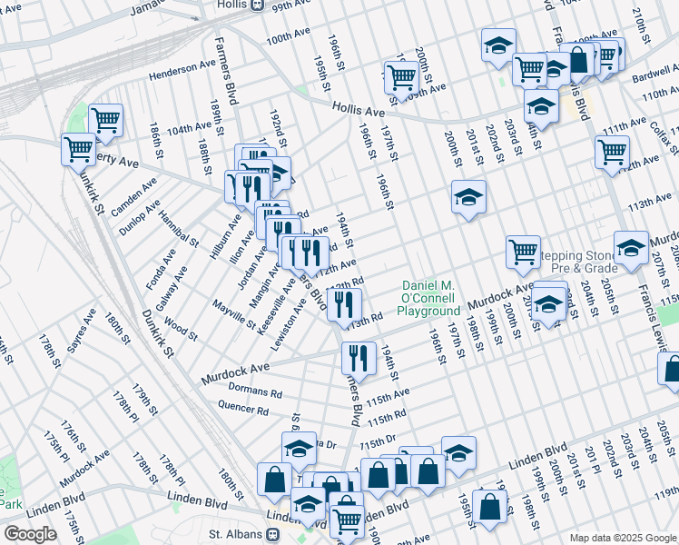 map of restaurants, bars, coffee shops, grocery stores, and more near 190-45 112th Avenue in Queens