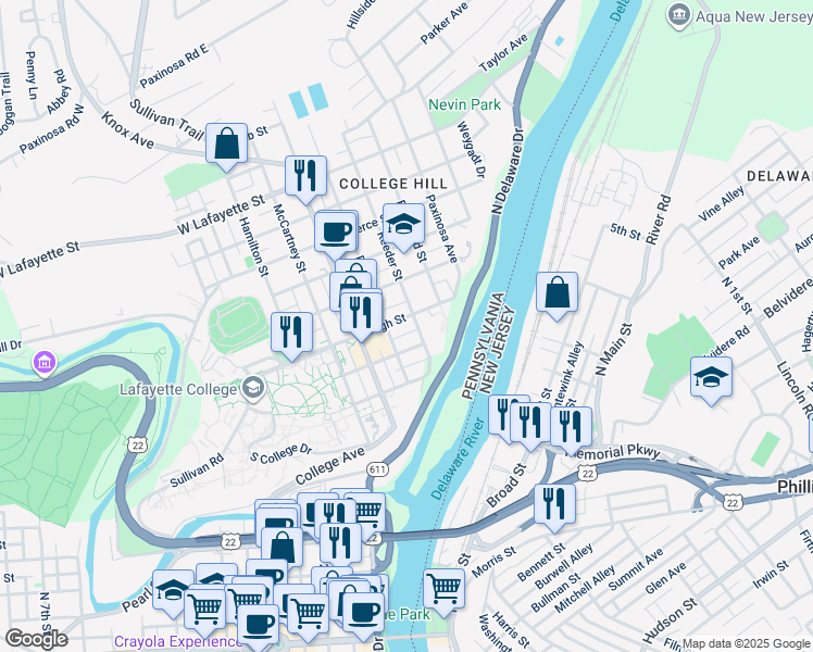 map of restaurants, bars, coffee shops, grocery stores, and more near 312 High Street in Easton