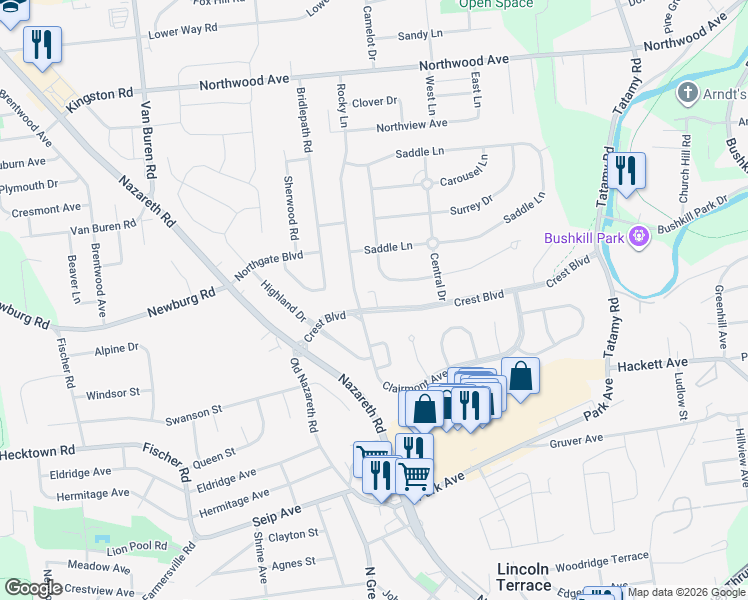 map of restaurants, bars, coffee shops, grocery stores, and more near 3201 Rocky Lane in Easton