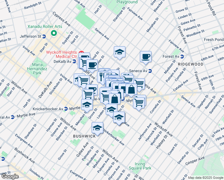 map of restaurants, bars, coffee shops, grocery stores, and more near 401 Linden Street in Brooklyn