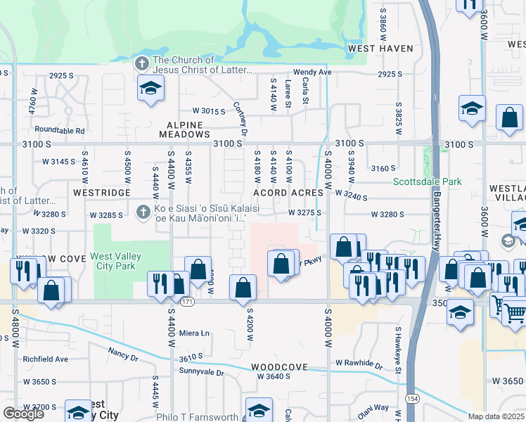 map of restaurants, bars, coffee shops, grocery stores, and more near 4168 West 3280 South in Salt Lake City