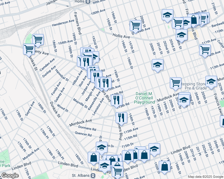 map of restaurants, bars, coffee shops, grocery stores, and more near 190-45 112th Avenue in Queens