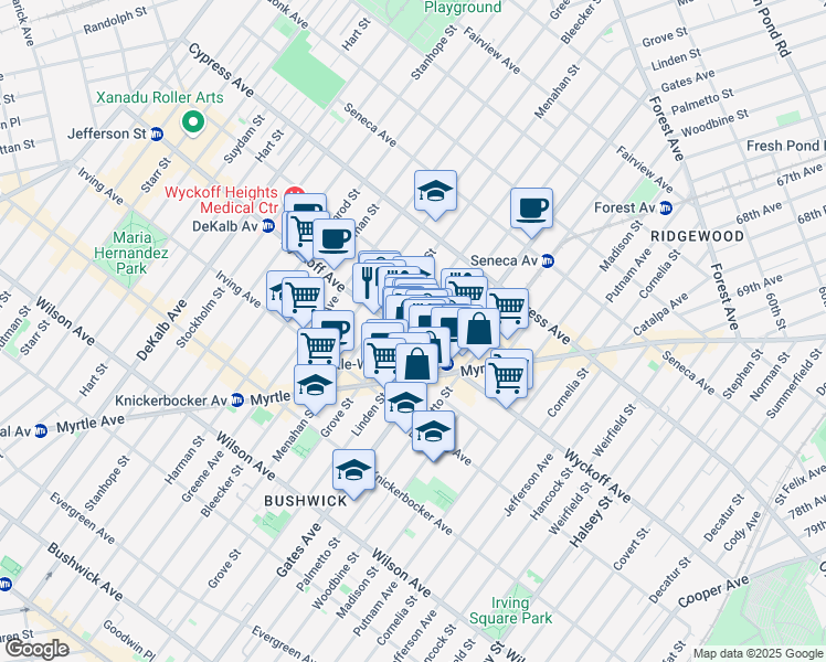 map of restaurants, bars, coffee shops, grocery stores, and more near 287 Wyckoff Avenue in Brooklyn