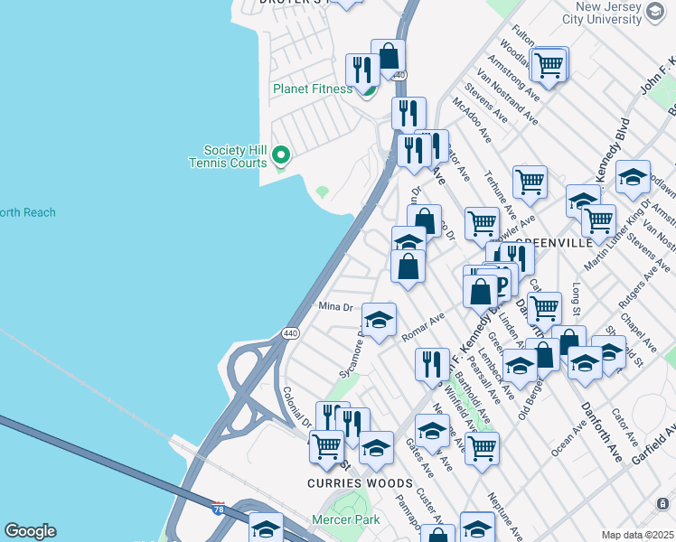 map of restaurants, bars, coffee shops, grocery stores, and more near 79 Riverview Road in Jersey City