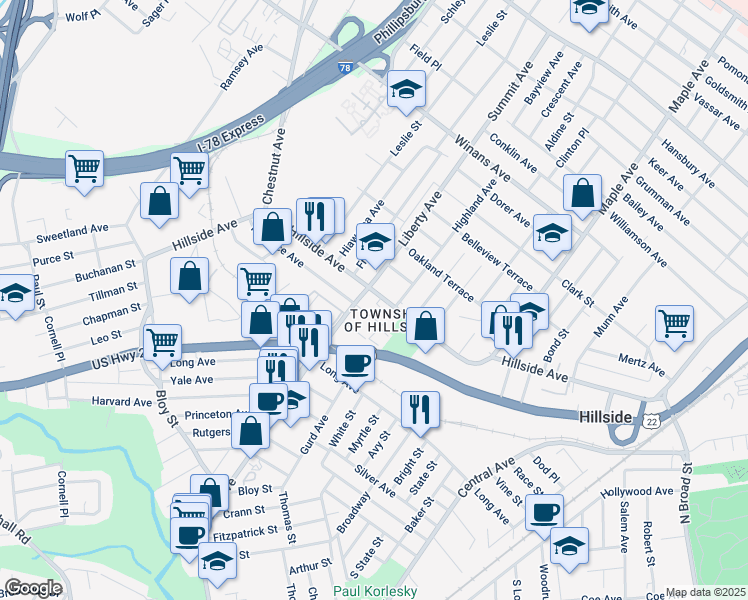 map of restaurants, bars, coffee shops, grocery stores, and more near 276 Hillside Avenue in Hillside