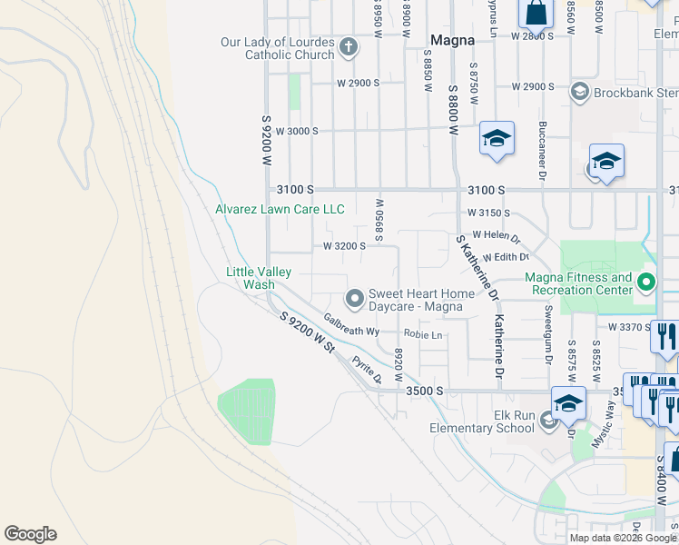 map of restaurants, bars, coffee shops, grocery stores, and more near 9024 South Newhouse Drive in Magna