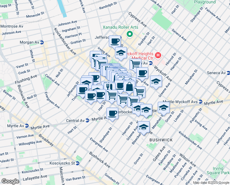 map of restaurants, bars, coffee shops, grocery stores, and more near 782 Hart Street in Brooklyn