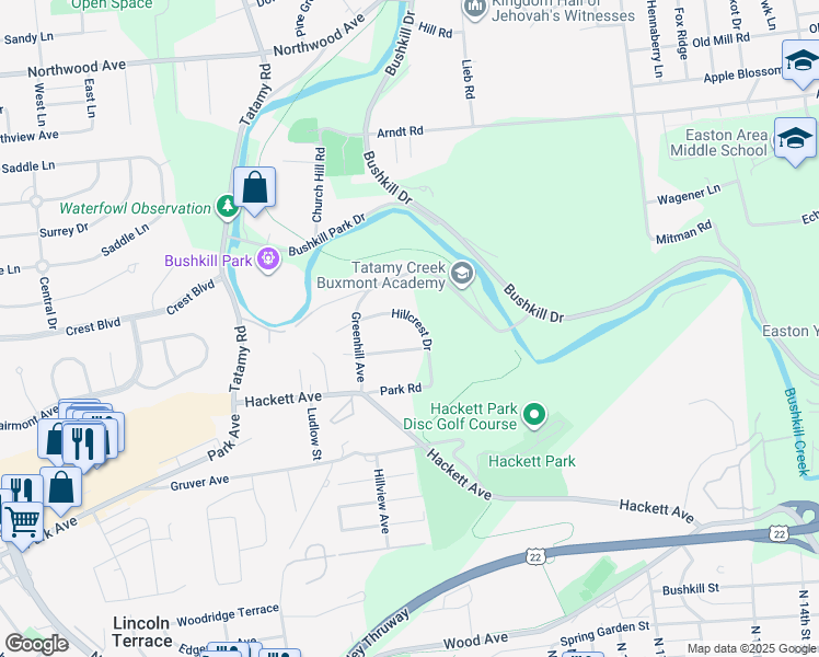 map of restaurants, bars, coffee shops, grocery stores, and more near 2000 Hillcrest Drive in Easton