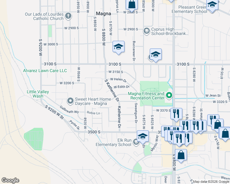 map of restaurants, bars, coffee shops, grocery stores, and more near 3267 South Katherine Drive in Magna