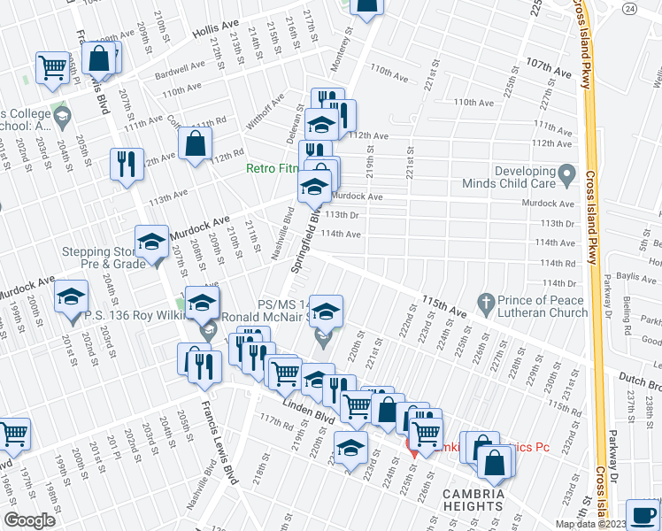 map of restaurants, bars, coffee shops, grocery stores, and more near 115-01 217th Street in Queens