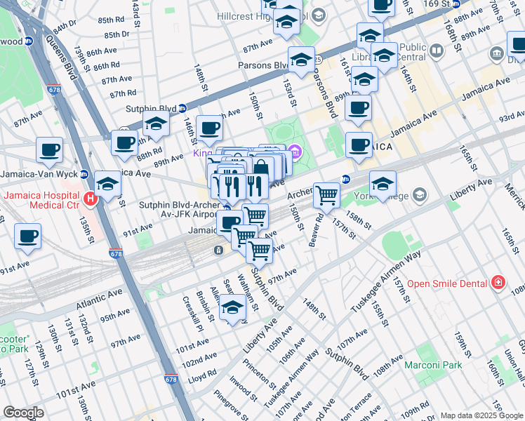 map of restaurants, bars, coffee shops, grocery stores, and more near 148-5 Archer Avenue in Queens